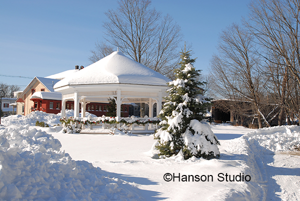 Contoocook, NH - Gazebo and Tree with Pullman and Railroad Bridge in Background